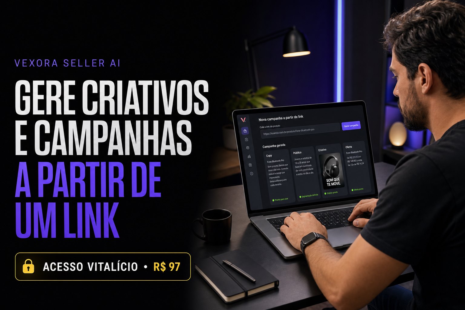 Interface do Vexora aberta em um notebook